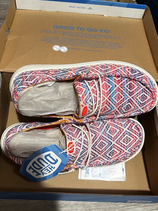 Hey Dude Shoes - Women’s hey Dude  Pink Blue White Patterned Slip-On Sneakers